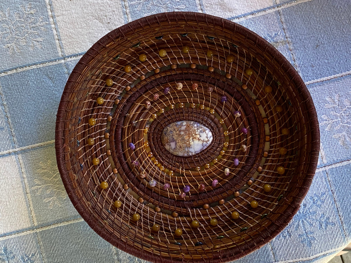 Handmade Pine Needle Basket with Jasper Beads and Linen