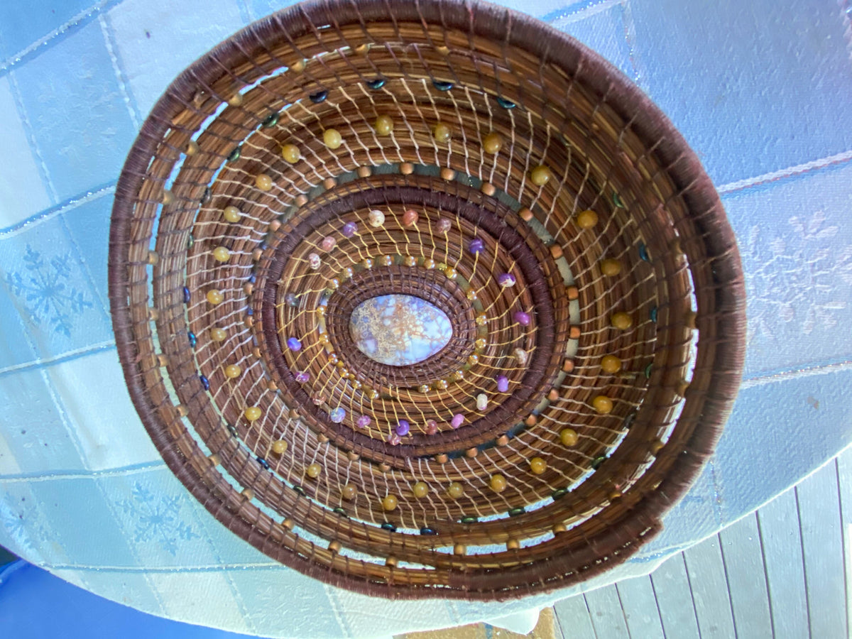Handmade Pine Needle Basket with Jasper Beads and Linen