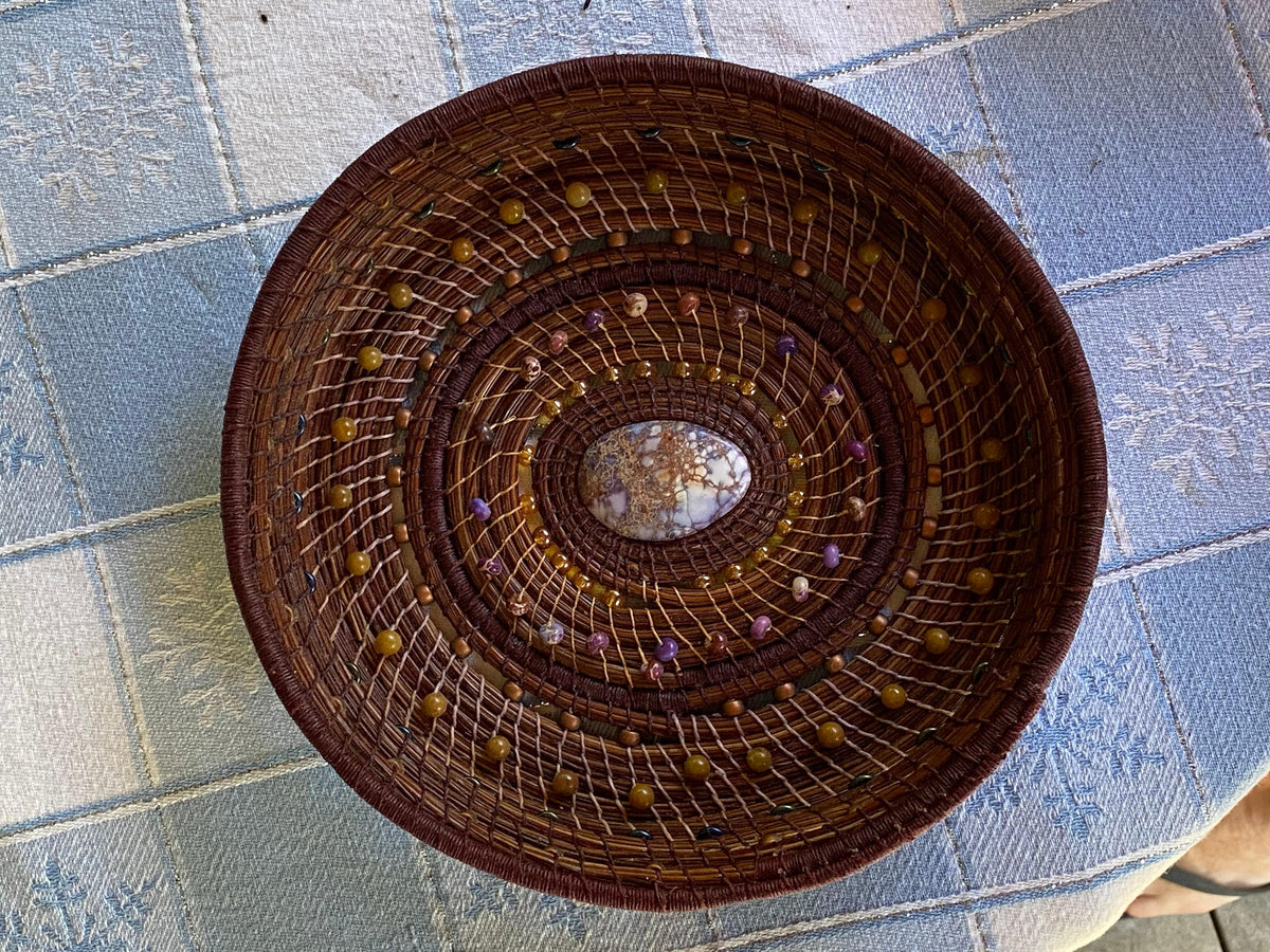 Handmade Pine Needle Basket with Jasper Beads and Linen