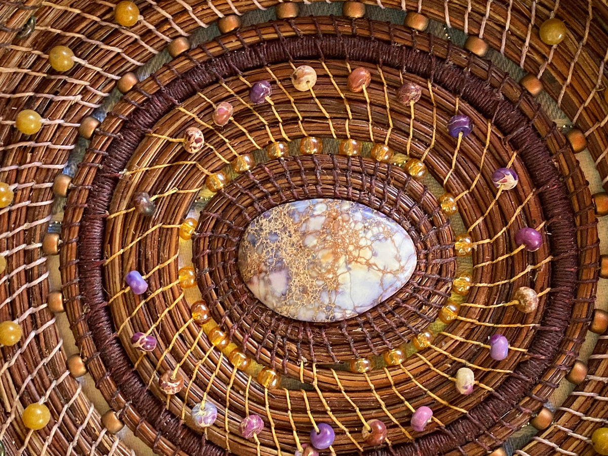 Handmade Pine Needle Basket with Jasper Beads and Linen