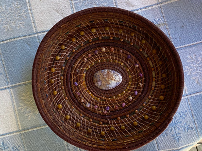 Handmade Pine Needle Basket with Jasper Beads and Linen