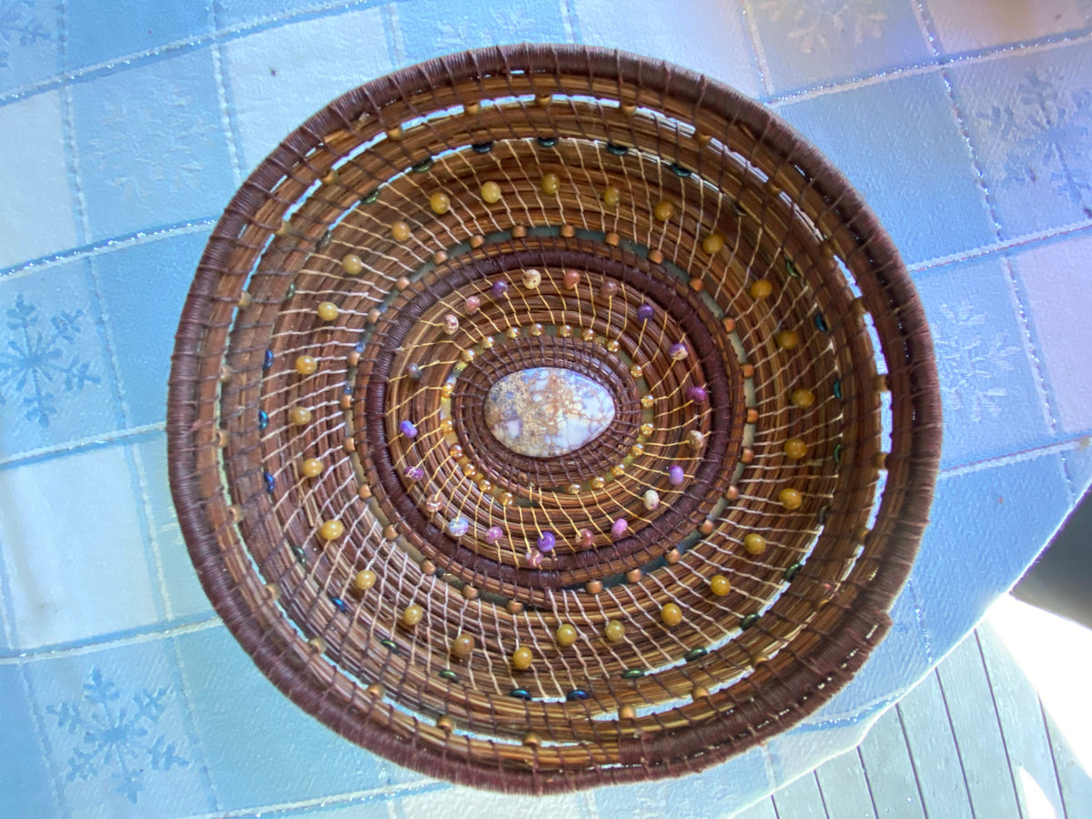 Handmade Pine Needle Basket with Jasper Beads and Linen