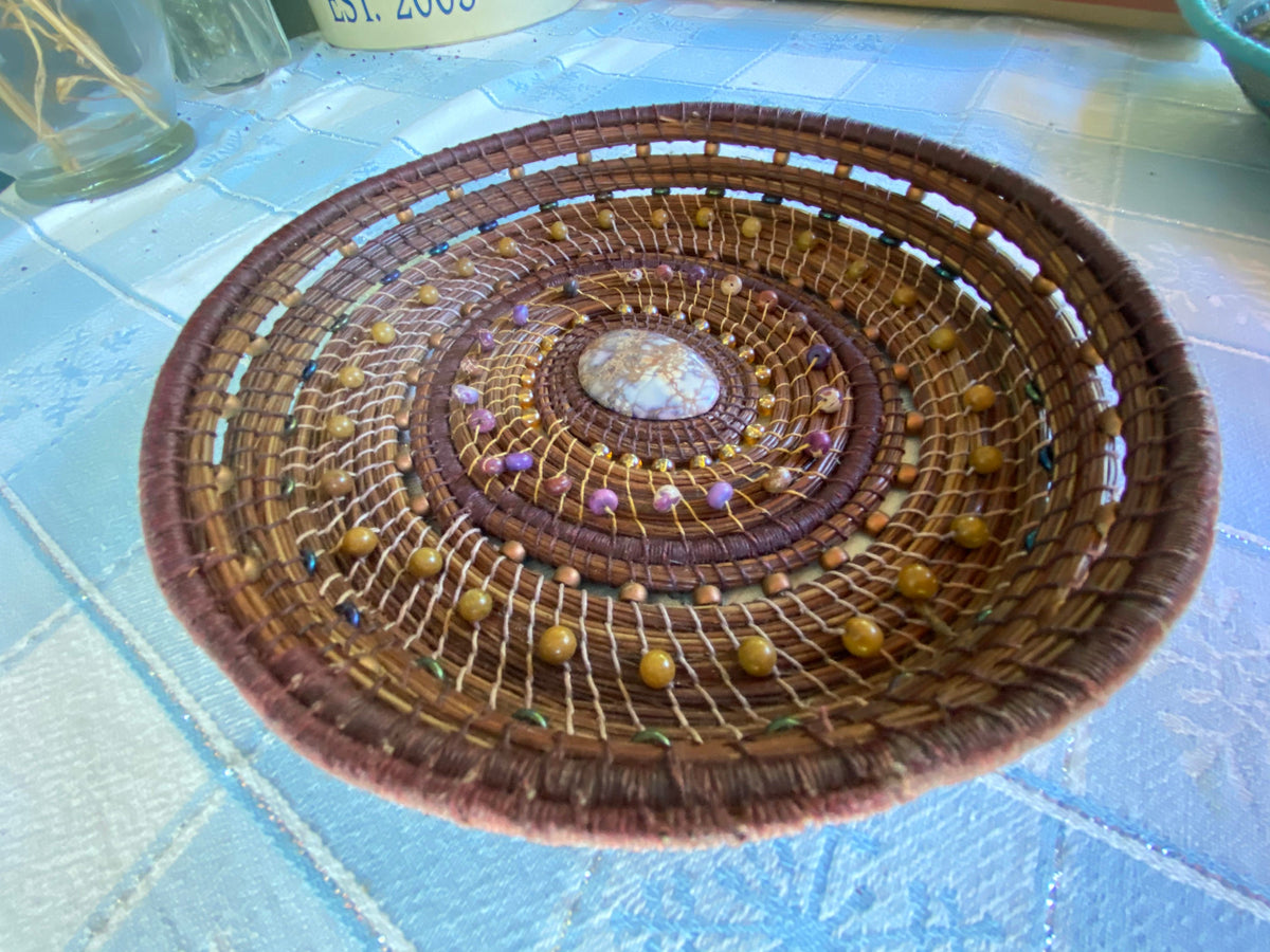 Handmade Pine Needle Basket with Jasper Beads and Linen