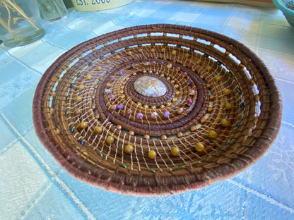 Handmade Pine Needle Basket with Jasper Beads and Linen