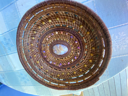 Handmade Pine Needle Basket with Jasper Beads and Linen
