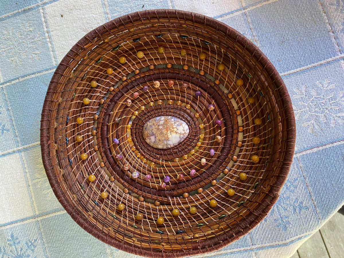 Handmade Pine Needle Basket with Jasper Beads and Linen