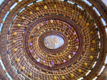Handmade Pine Needle Basket with Jasper Beads and Linen