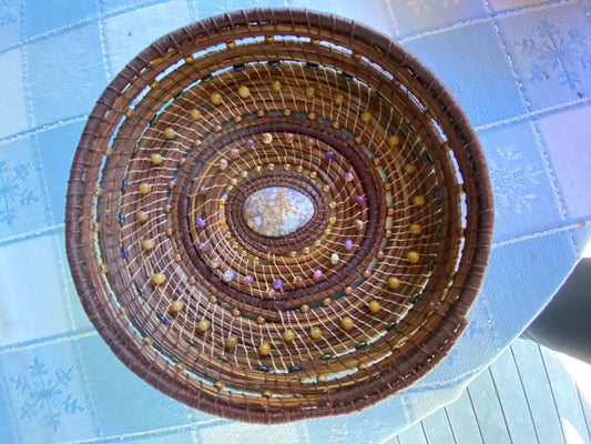 Handmade Pine Needle Basket with Jasper Beads and Linen