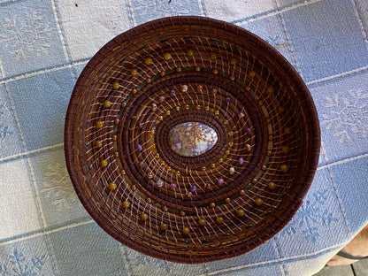 Handmade Pine Needle Basket with Jasper Beads and Linen