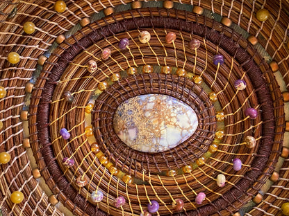 Handmade Pine Needle Basket with Jasper Beads and Linen