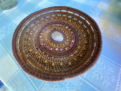 Handmade Pine Needle Basket with Jasper Beads and Linen